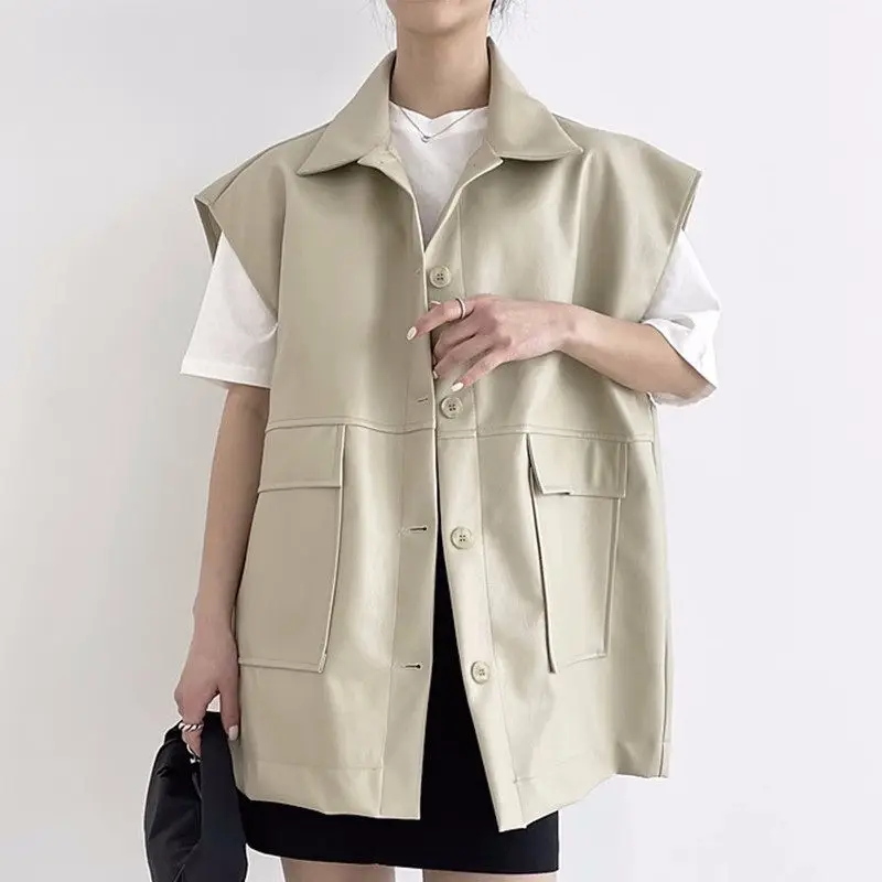 

2023 Korean Summer Vest Coat Women Lapel Single Breasted Loose Casual Versatile Large Pocket Leather Jacket Waistcoat Z1063