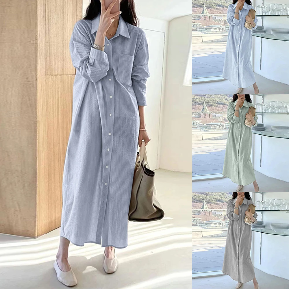 

Женское платье из хлопка и льна, элегантное свободное платье-кардиган в полоску с длинными рукавами, яркое приталенное платье большого размера, новинка 2023