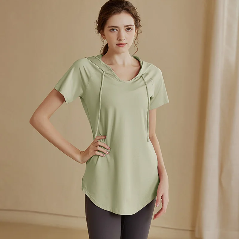 Sports T Shirt Short Sleeve Yoga Shirts Women's Drawstring Workout V-neck Sports Tops Fitness Hooded Tops Gym Training Shirts Female Sportswear