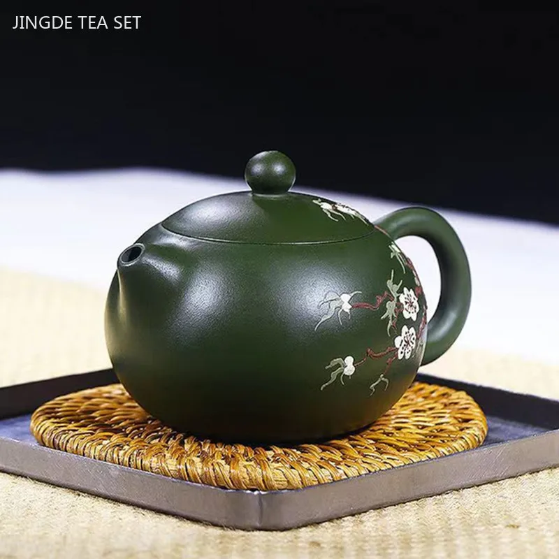 200ml Handmade Yixing Purple Clay Teapot Raw Ore Green Mud Ball Hole Filter Kettle Hand-painted Plum Blossom Xishi Tea Pot