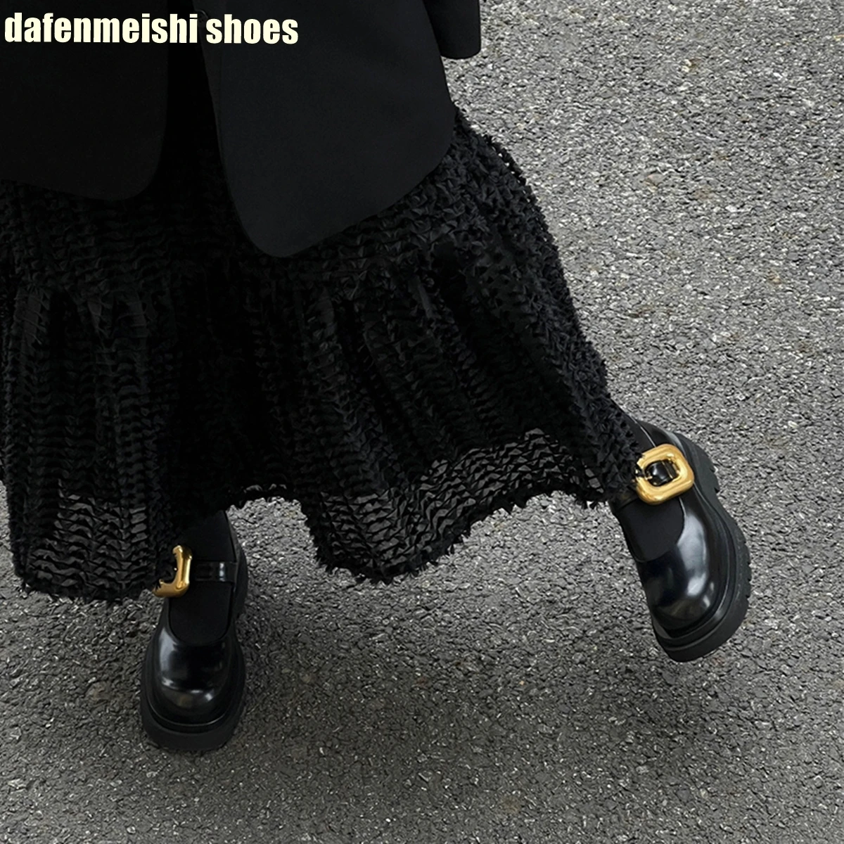 Metal Buckle Loafers Leather Shoes for Women Black Round Toe Platform Slip On Mary Jane Shoes 2024 Spring Fashion Casual Shoes