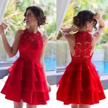 

Exquisite 2022 Red Lace Homecoming Dresses Short Cocktail Gowns Sleeveless Round Neckline Tiered Skirt Party Dresses Knee Length