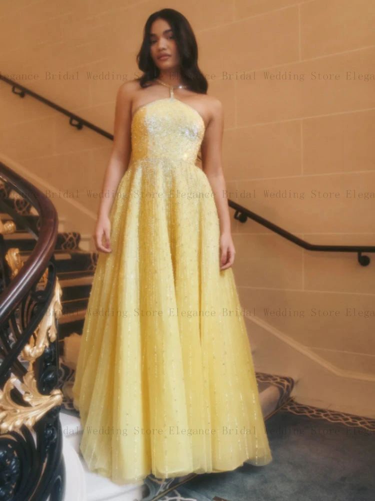 

Sparkly Yellow Sequin Tulle Evening Dresses for Wedding Floor Length Halter Neck Prom Dress for Teens A-Line ballkleider