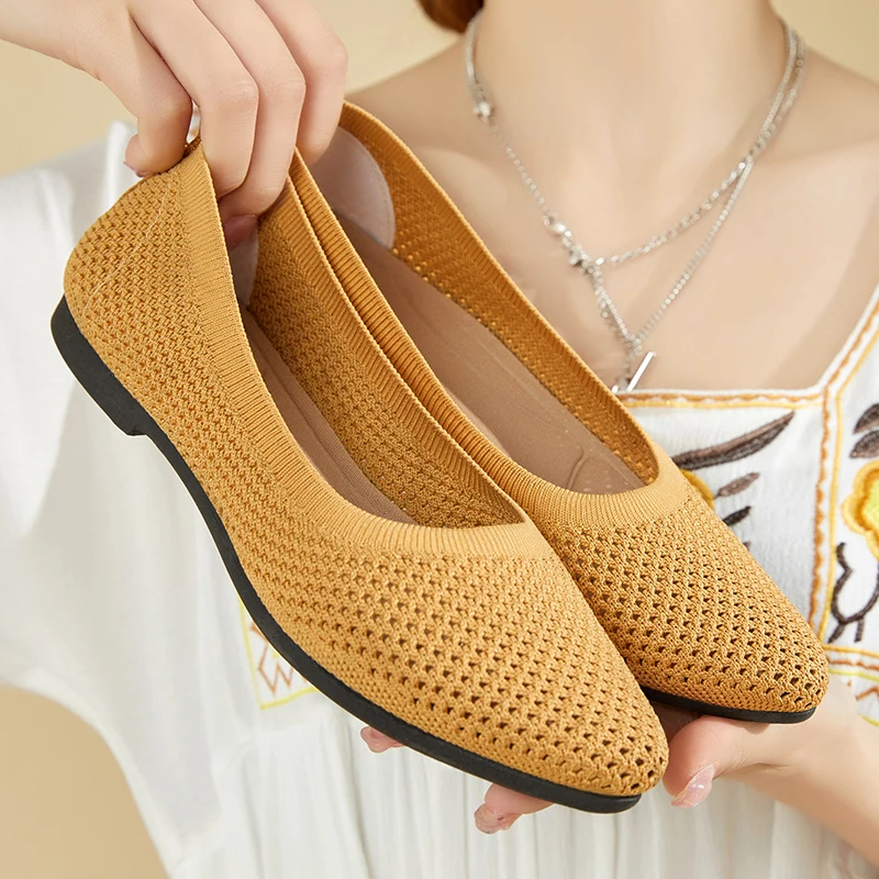 

Summer Women's Slip-on Shoes Point Toe Soft Flats Knitted Elegant Ladies Shallow Loafers Low Heel Boat Shoes Bottom Women Pumps