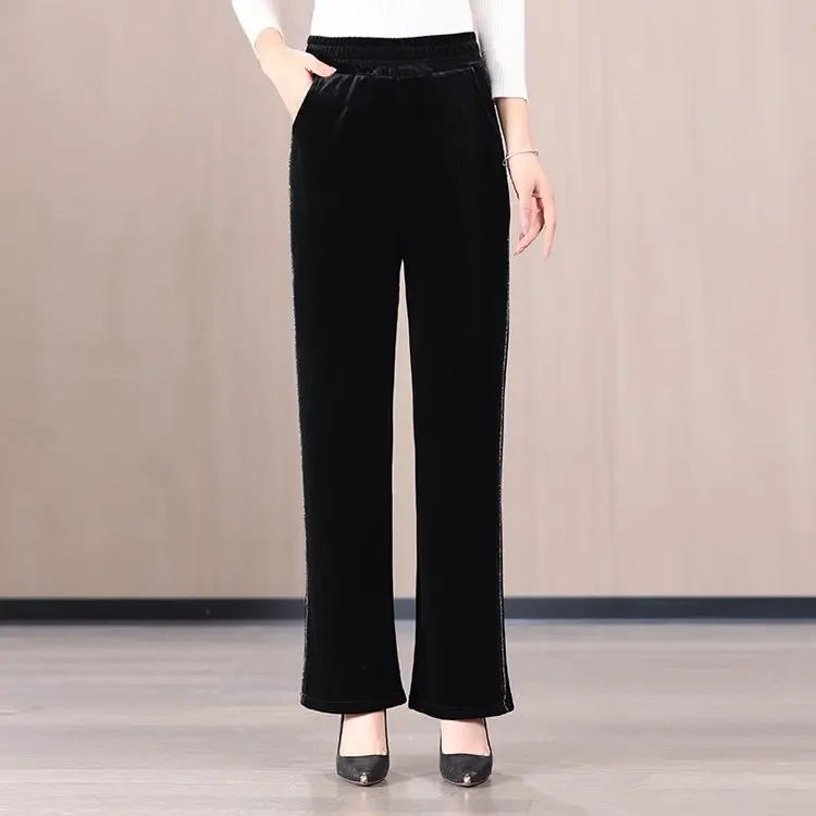 Middle-aged Elderly Women's Casual Silk Chiffon Pants Thickened Fleece-lined Loose-fit Trousers For Autumn/winter