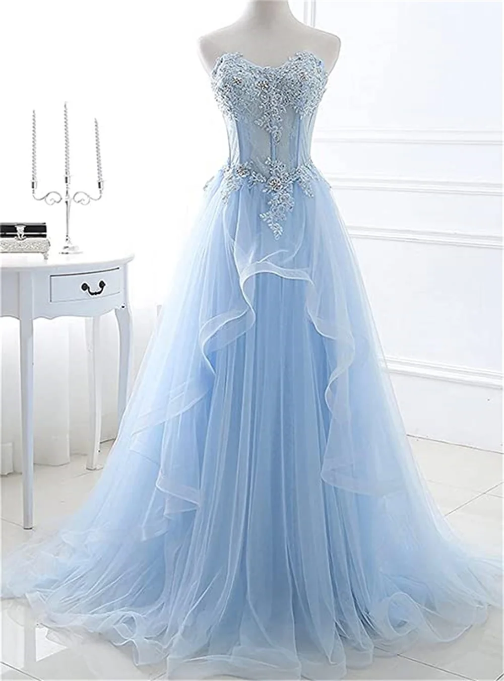 

Women's Sleeveless Sky Blue wedding party dress Multi Tulle Lace Appliqued Beaded Ball Gowns Back Tie Formal Occasion Gowns