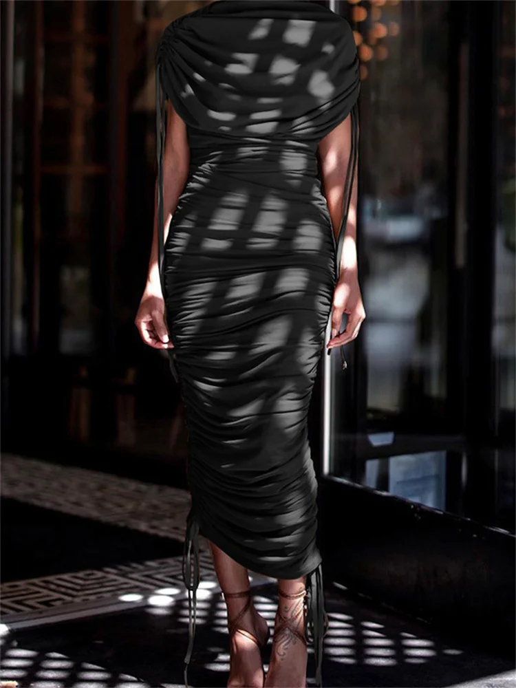 Wmstar Women Dress Elegant Short Sleeve Solid Color Ruffled Drawstring Zipper Round Neck Slim Irregular Pleated Long Dresses