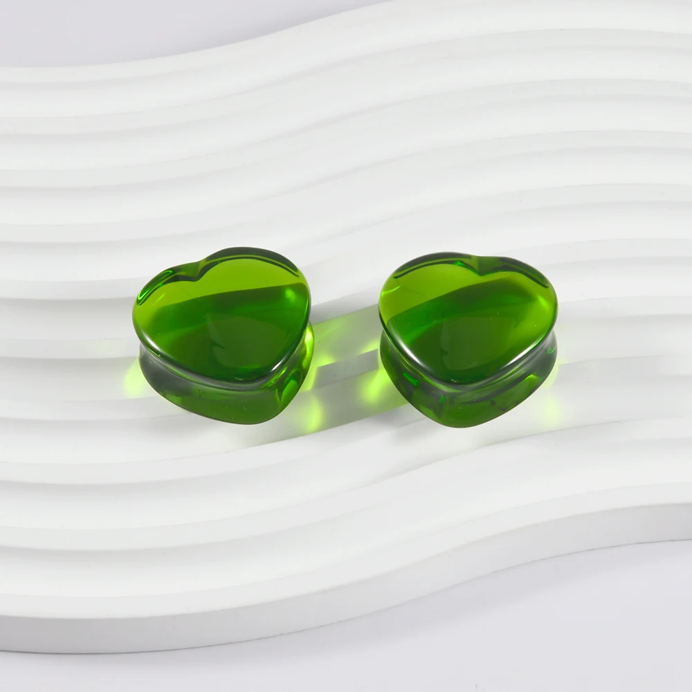 Emerald Heart Glass Ear Tunnels & Plugs Set
