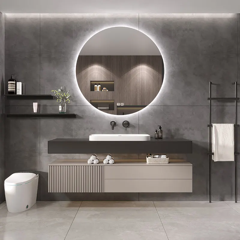 

Rock panel bathroom cabinet combination solid wood light luxury hand washing and face washing