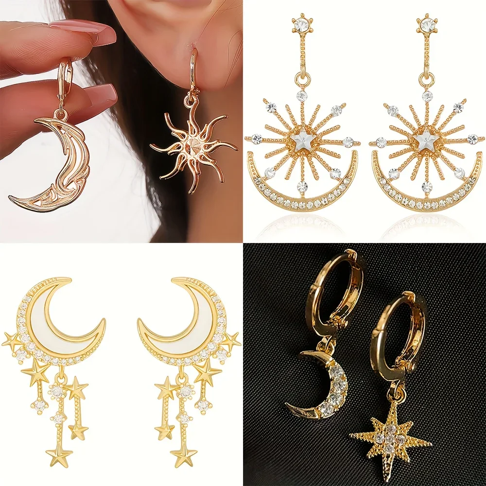 Ramadan  Earrings Trendy Moon & Star Design Paved Shining Rhinestone Match Daily Outfits Party Accessories