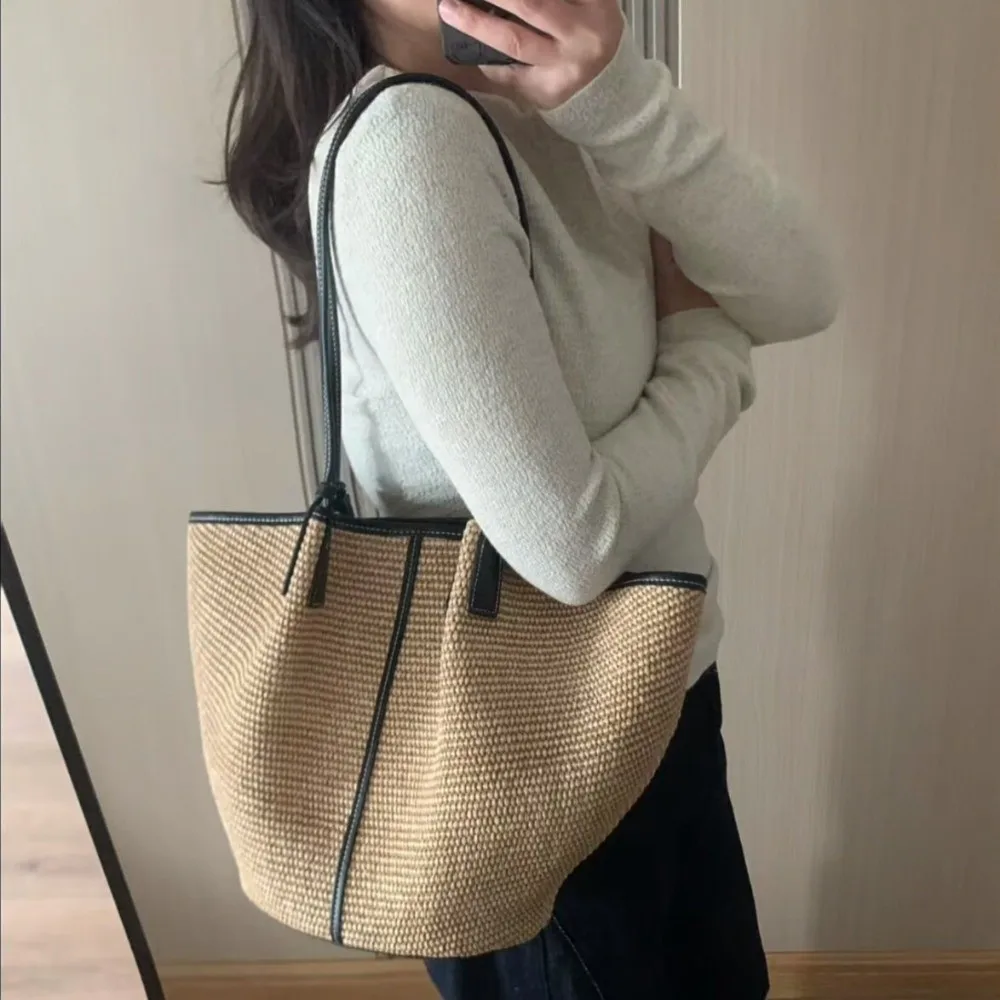 Borsa a Tracolla Intrecciata alla Moda, Pieghevole, Grande Capacità, con Finiture a Contrasto, Borsa Hobo in Rattan - immagine 2