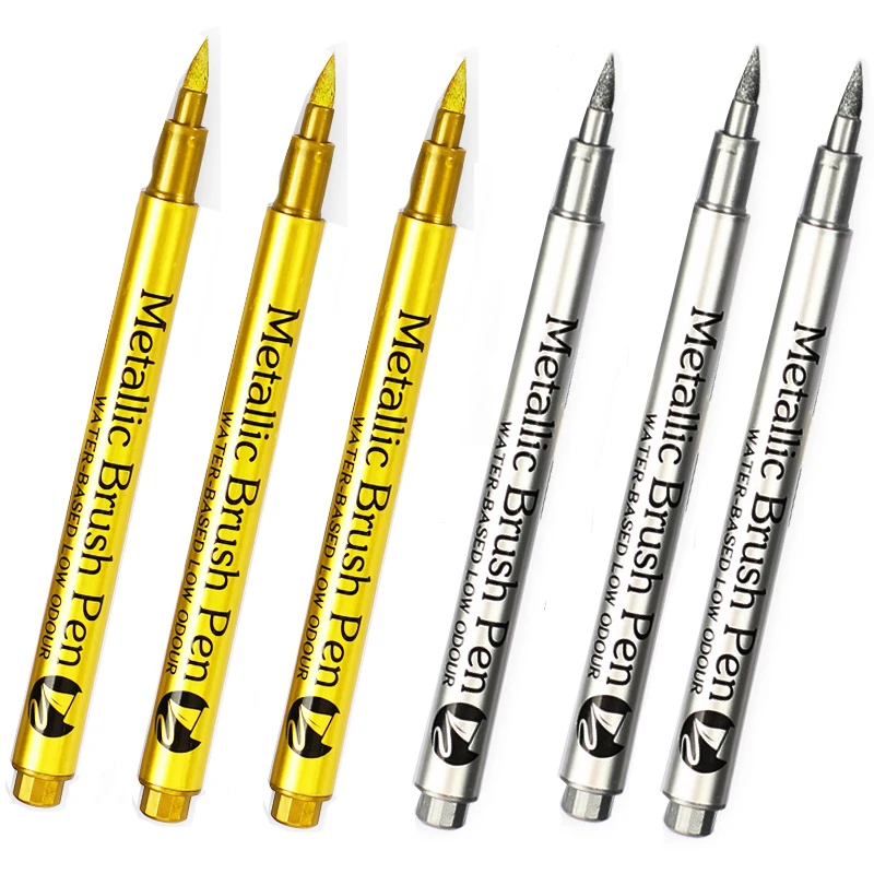 1-6pcs Metallic Marker Pen Gold Silver Colors Brush Pen Medium Point Markers for Metal Rock Painting Black Paper Card Making marker pen paint pen art pens