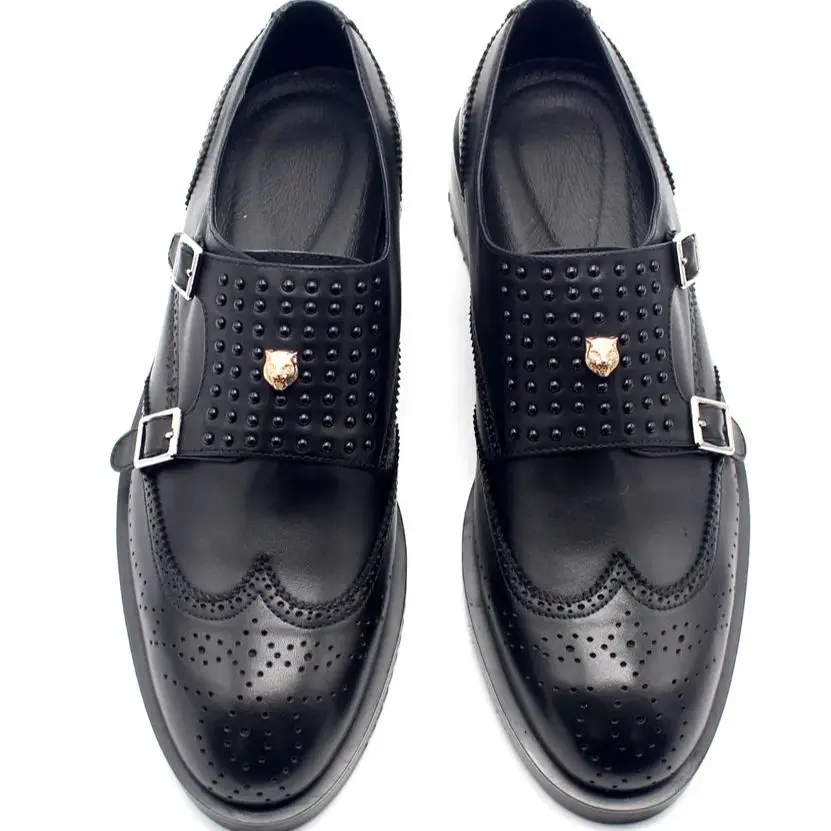 Handmade Monk Strap Rivets Black Formal Suit Dress Shoes Male Oxfords Top Quality Cow leather Men Business Shoe