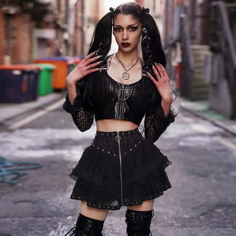 

Summer Fashion Slim Gothic Patchwork Lace Zipper Bandage Lace-up Tunic Girls A-Line Skirt High Waist Women's Skirts Black