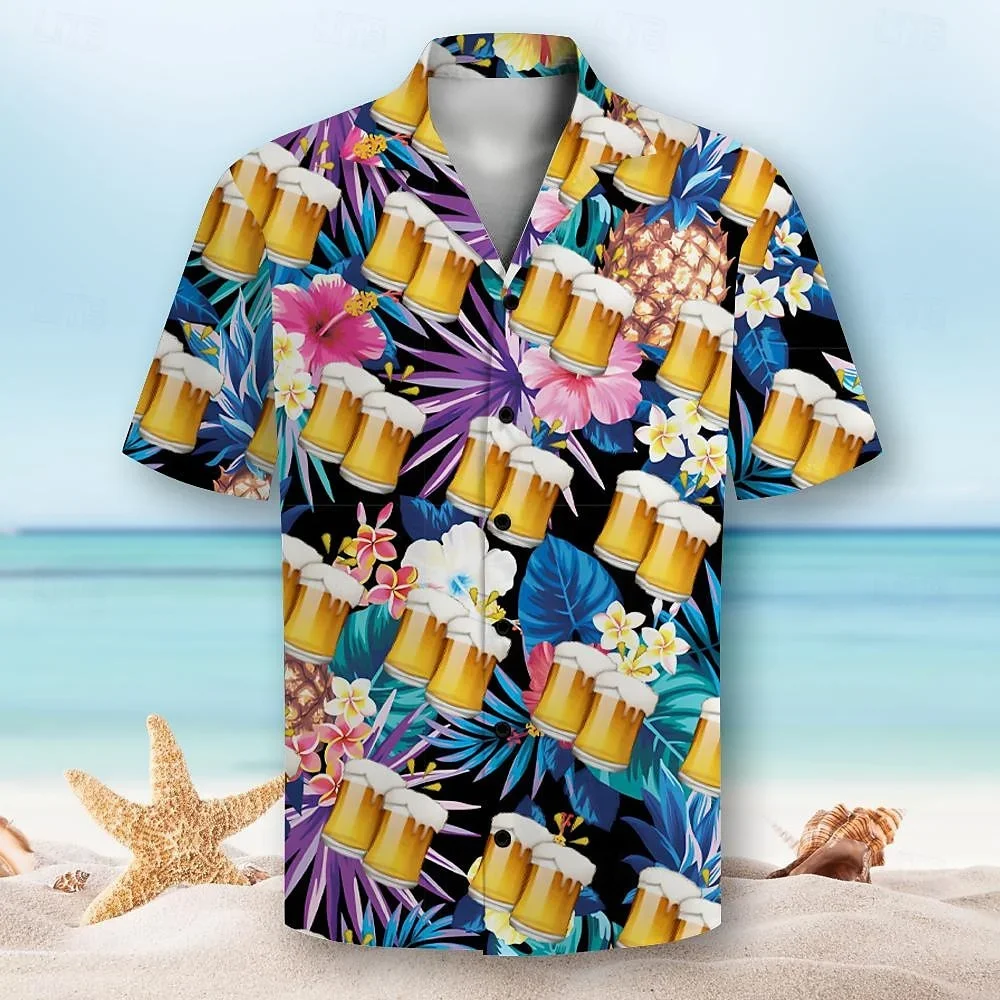 Men's Printed Short Sleeve Shirt, Leisure, Daily, Summer, Flip Collar, Button, Designer Shirt, Beer, Hawaii Resort, Party