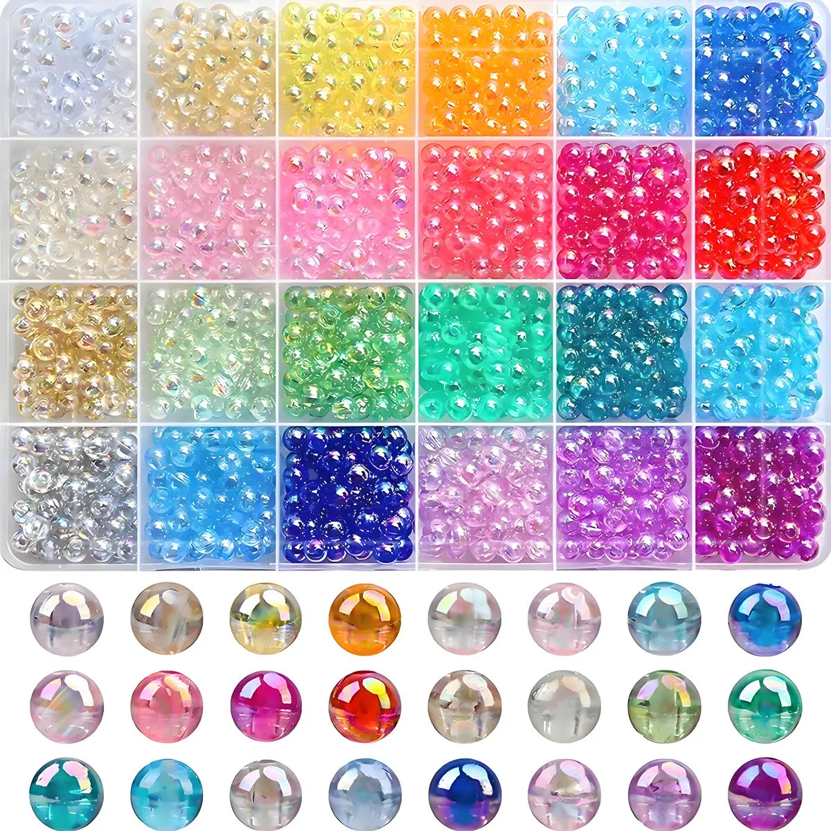 1 Box mit 6 mm (1200 Stück) und 8 mm (480 Stück) transparenten runden Perlen, 24 zufällige Farben, kombiniert aus Kunststoff mit Löchern, lose verpackt