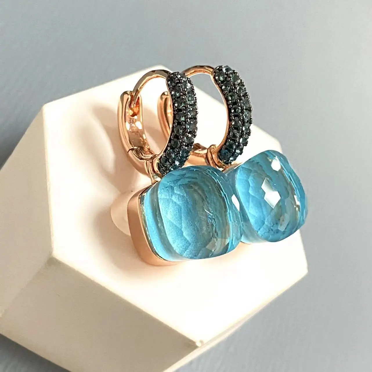 KAISQJEW 10.6mm Classic Nudo Earrings Inlay Blue Topaz Zircon With Black Gun Plated Crystal Earrings Fashion Jewelry For Women