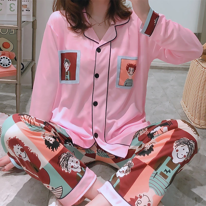 Summer New Cute Cartoon Casual Cardigan Collar Silk Pajamas Women's Spring and Autumn Long Sleeve Home Suit Evening Dress