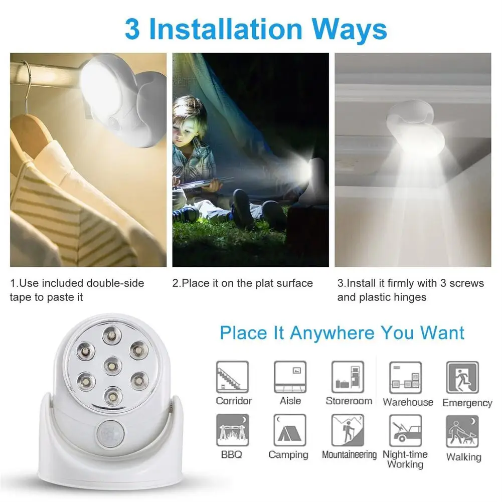 Led Motion Sensor Night Light 360 Degree Rotating Wall Lamp For Outdoor Indoor Cordless Stairs wall light