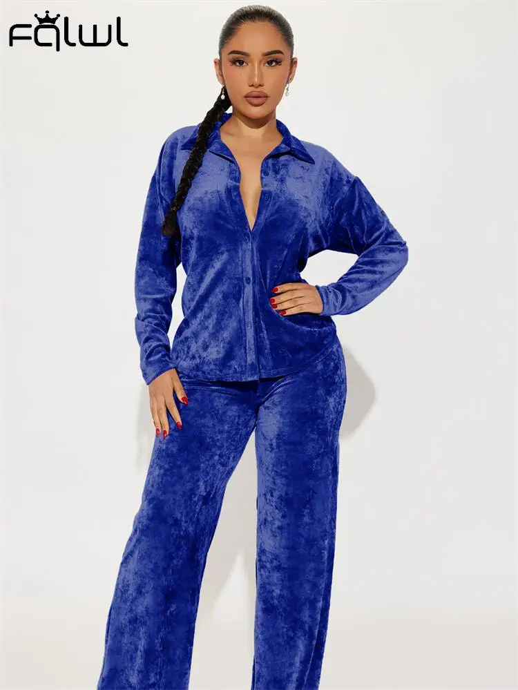 

Habbris Blue Plush Button 2 Two Piece Pant Set Party Club Outfits For Women 2023 Autumn Winter Notch Collar Blouse And Pant Set