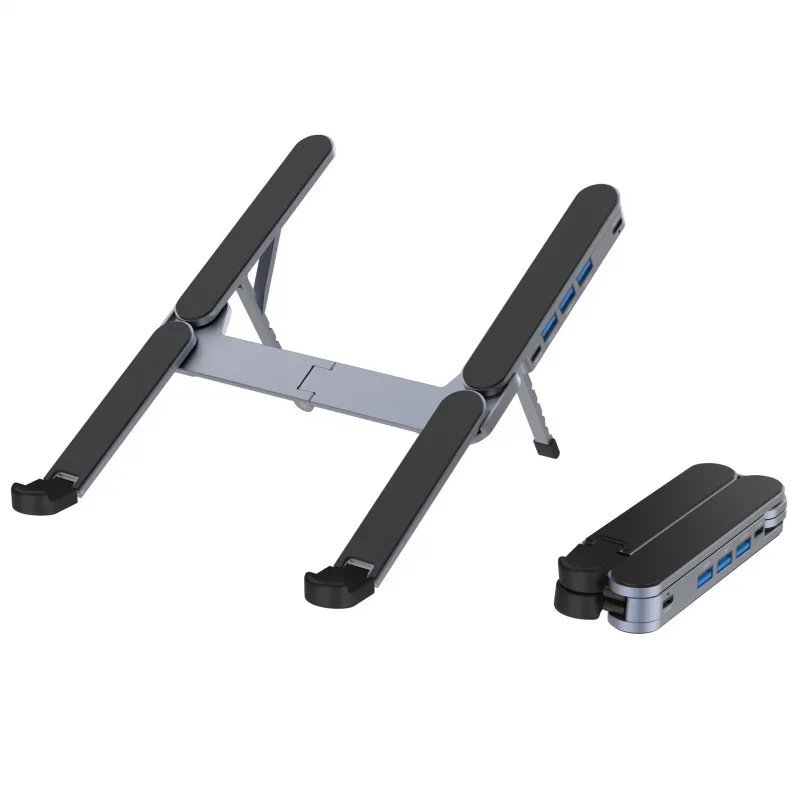 노트북 스탠드 및 USB C 도킹 스테이션, 접이식 2 in 1 멀티 포트 USB C 허브, 10-17인치 조절 가능한 노트북 태블릿 홀더