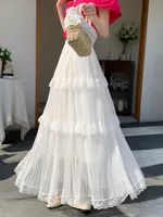 Retro Sweet White Long Skirt Women Casual Loose High Waist Elegant Skirt Vintage Lace Patchwork Korean Summer Long Skirts - Image 2