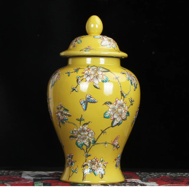 Elegáns Sárga Kerámia Váza Fedéllel Ellátott Pillangó Virág Dekoratív Edény Gyömbér Alakú Porcelán Vázák Fedő