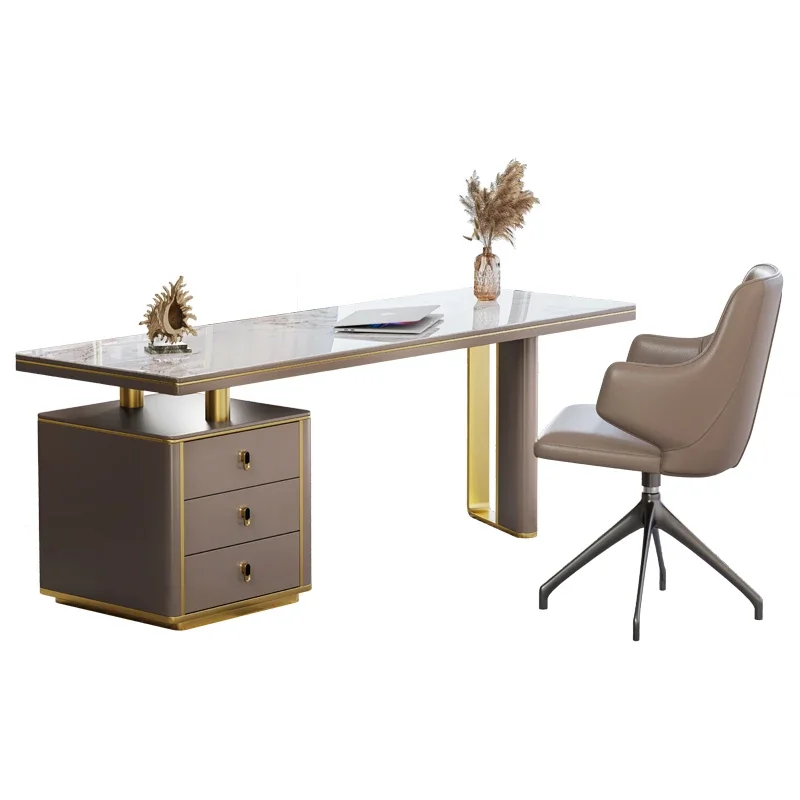 

Light Luxury Stone Plate Desk Modern Stainless Steel Titanium Design Study Computer Desk office furniture office desk