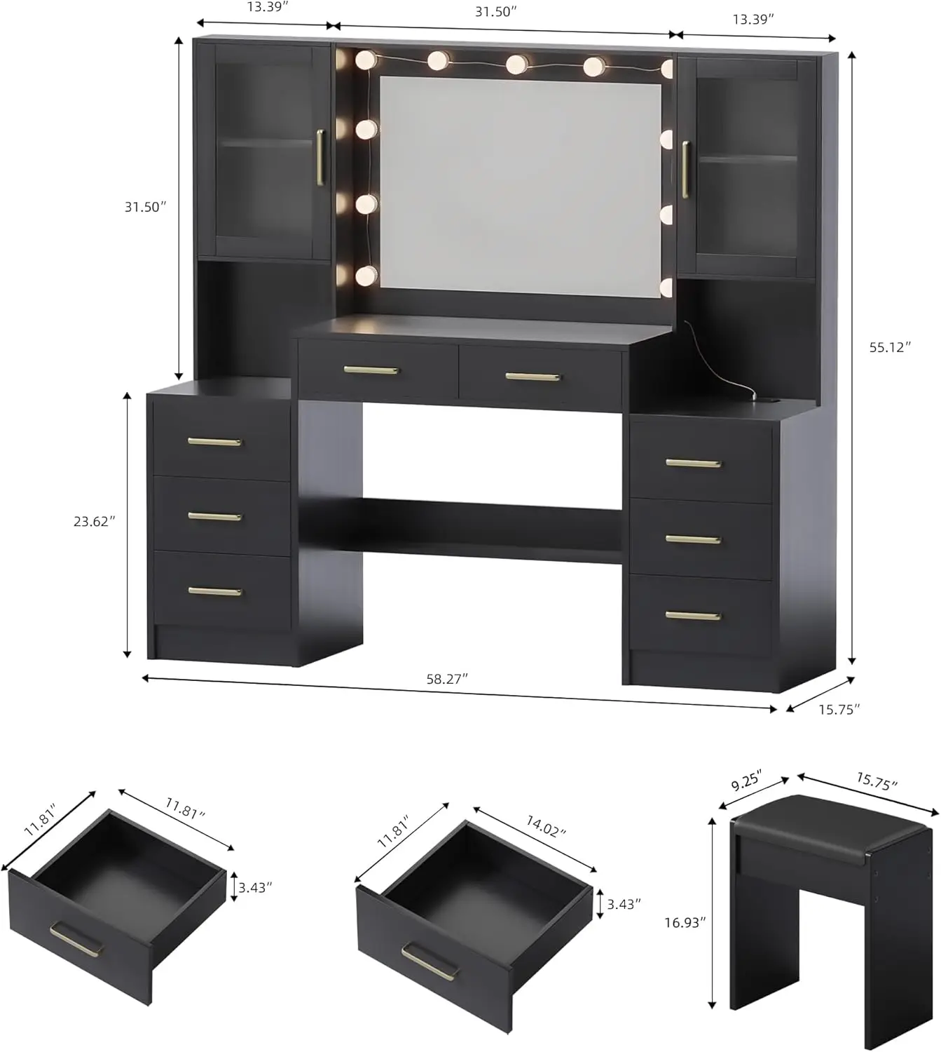 58.3" Makeup Vanity with Lights & Charging Station, Dressing Table Vanity Set White Vanity Table with Cushioned Stool, 8 Drawers
