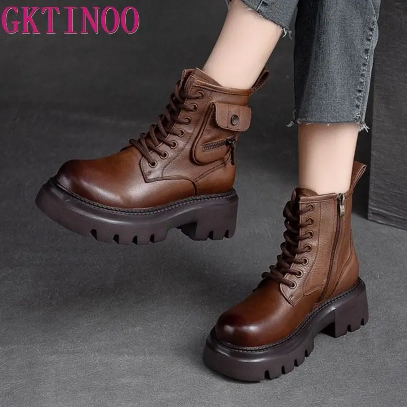 

GKTINOO Ankle Boots Platform Women Genuine Cow Leather Short Boots Round Toe Height Increasing Thick Sole Ladies Shoes Handmade