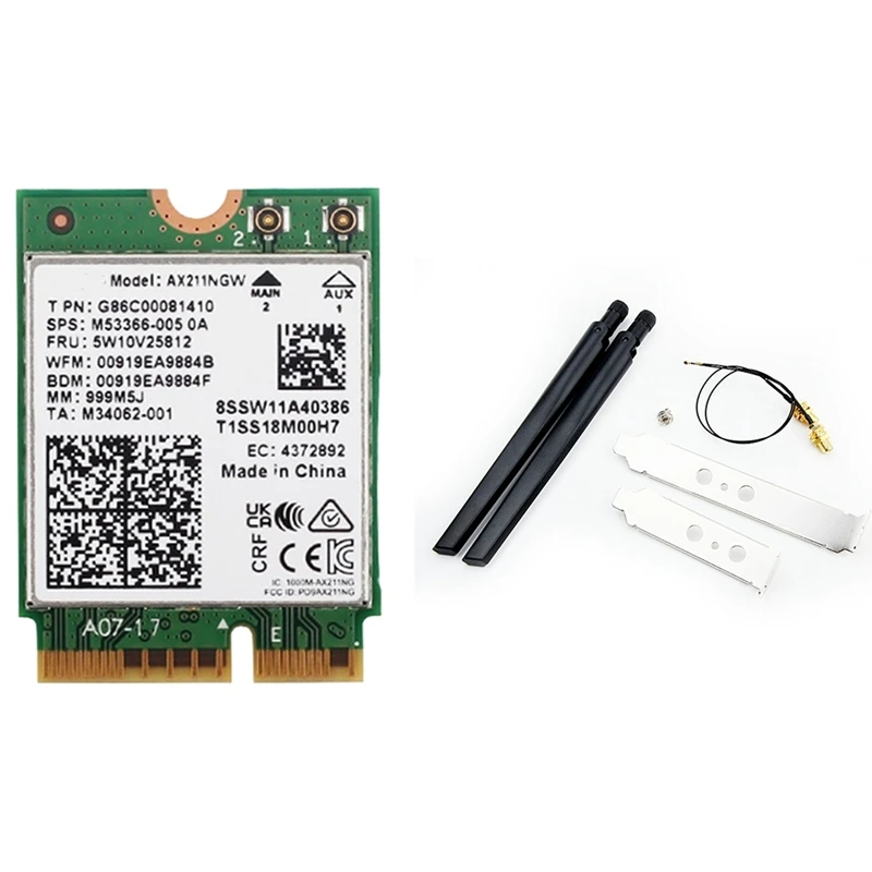 Wireless Network Card Network Card PCB AX211NGW+Dual Antenna Wifi 6E M.2 Key E Cnvio2 2.4Ghz/5Ghz 802.11Ac Bluetooth 5.2 Adapter