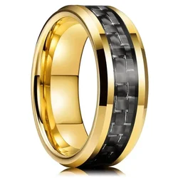 Sophisticated Silver Titanium Stainless Steel Men's Ring with Black Carbon Fiber Accent - 8 (Gold Color)