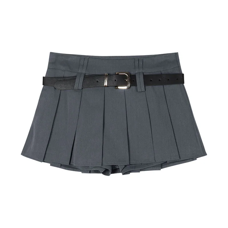 Women Box Pleated Short Skirts With Belt Zipper Side A-Line