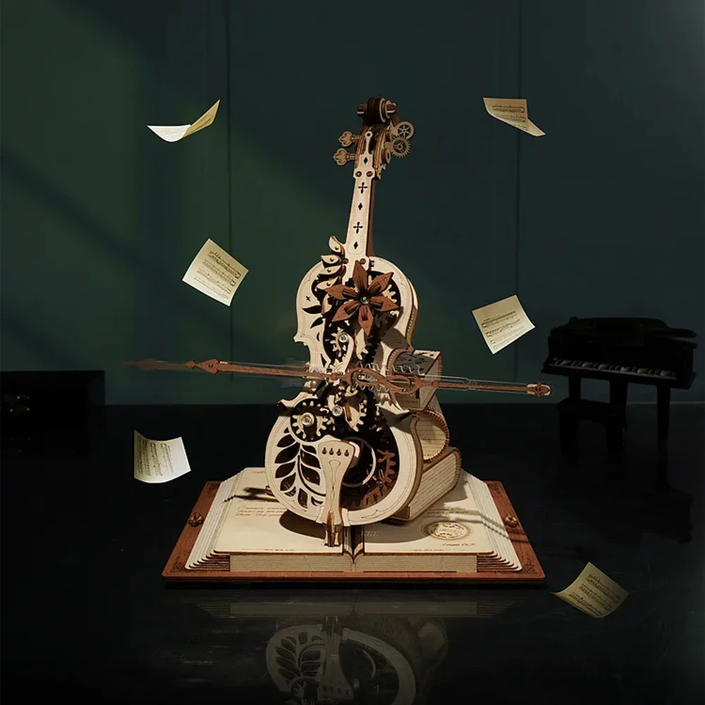 ROKR 3D Wooden Puzzle Magic Cello Mechanical Music Box Model Kit Decor Xmas Gift