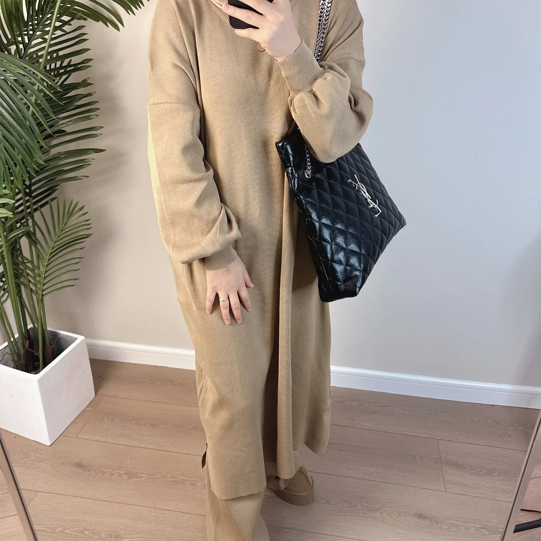 Muslim Woman Winter Set 2 Pieces Matching Knit Pants and Sweater Sets Long Plain Top Pullover Dress Autumn Islam Modest Clothes