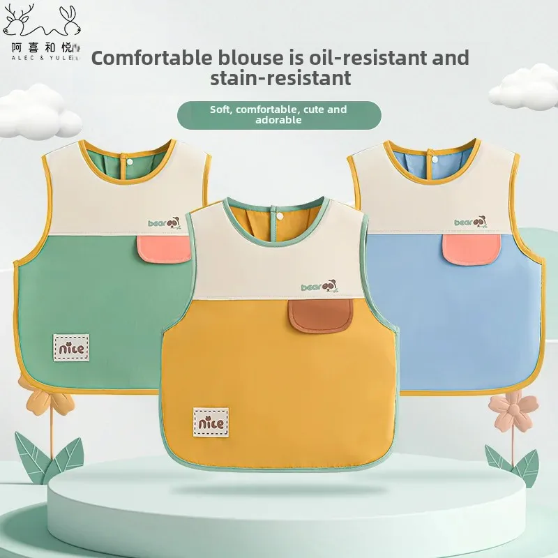 Pure Cotton Waterproof Sleeveless Apron for Boys Baby Feeding Cover up Dirt Resistant Clothing Protector for Kindergarten