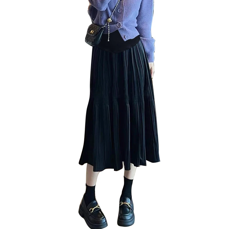Autumn Winter Pregnant Woman Pleated Skirt Large Hem Fashion Maternity Velour Skirts High Waist Pregnancy Empired Skirts 85cm