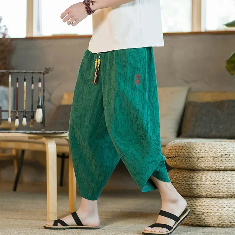Japanese Kimono Traditional Shorts Men's Asian Clothing Bathing Pants Casual Loose Men's Japanese Yukata Linen Wide Leg Trousers Cotton Monk Pants