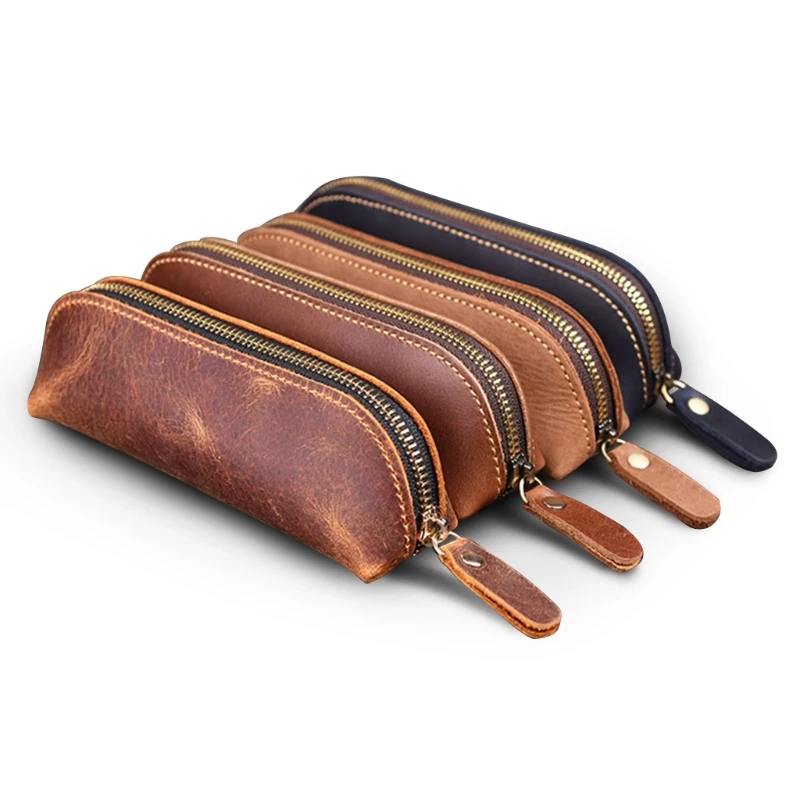 Handmade Genuine Leather Pencil Bag Vintage Retro Style Cowhide Zipper Pen Case School Bag Office Stationery images - 6