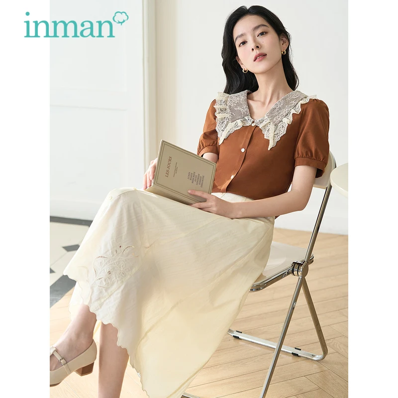 INMAN Women Skirt 2023 Summer High Waist A-shaped Loose Hollow Out Embroidered Irregular Hem French Elegant Official Skirt