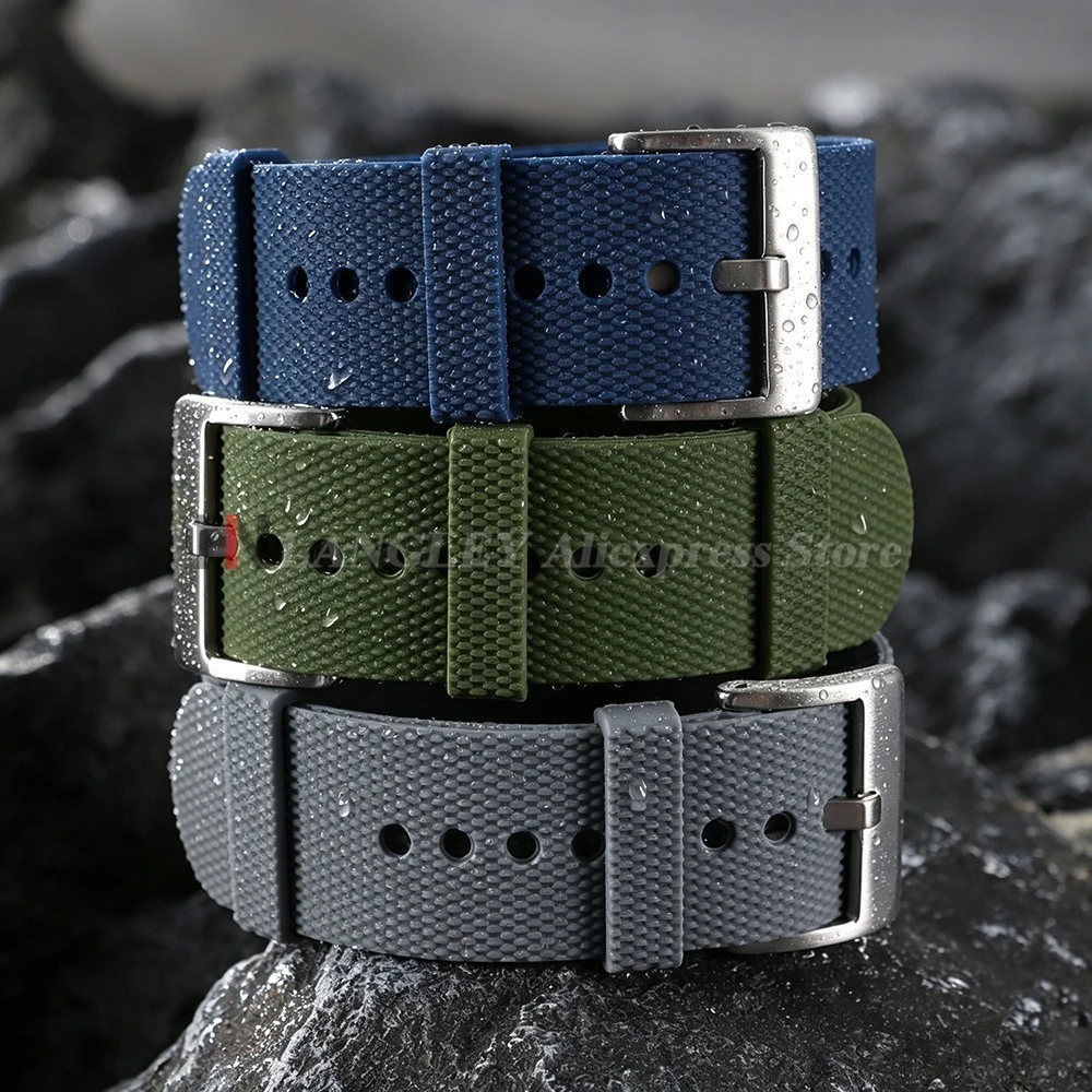 Premium Waterproof Silicone Rubber Watch Strap - Elastic Woven Pattern in Black, Blue, Grey, and Orange