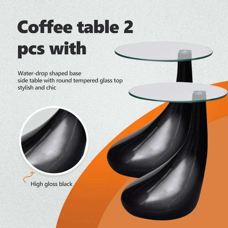 2 piece set Round Coffee table with glass top - Modern and small, black coffee table (diameter 16.5 inches) 5