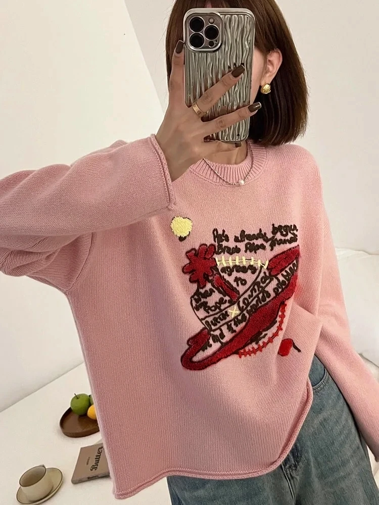 Luxury Brand Design Saturn Knit Embroider Long Sleeves Sweater T-shirt For Women Top Shirt Knitwear Tees Wear Y2k Clothing