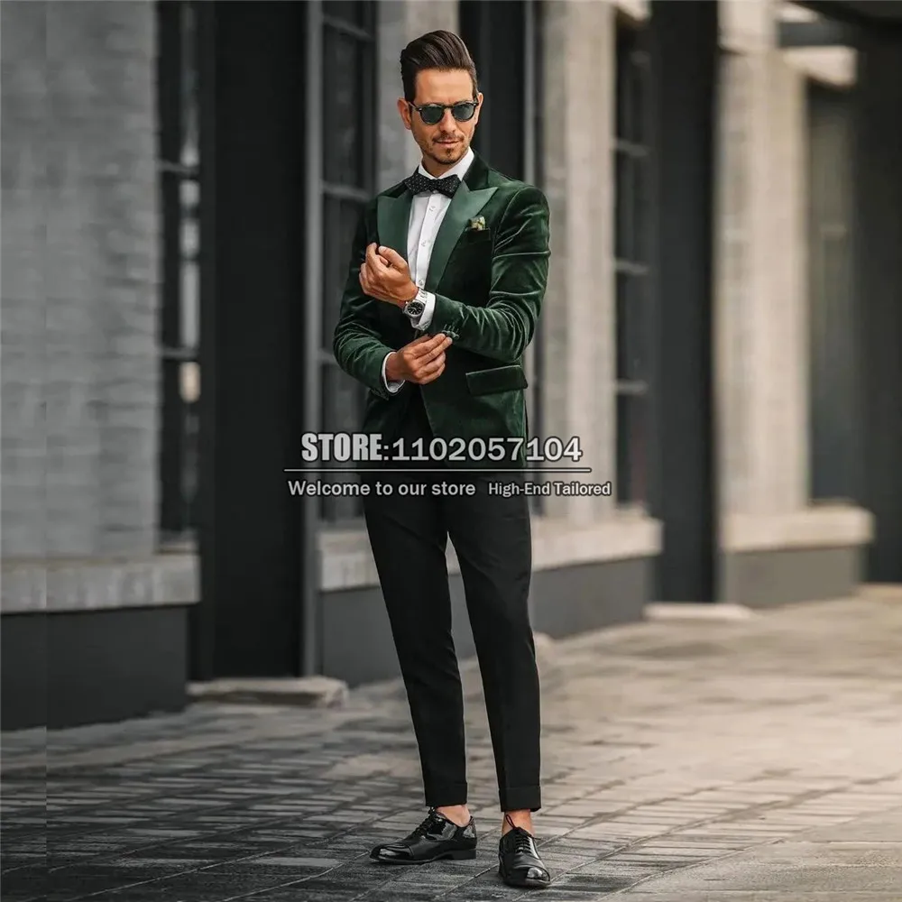 

Green Velvet Suits Men Slim Fit Handsome Groom Wear Evening Formal Party Dress Smoking Business Satin Lapel Jacket Pants 2 Piece