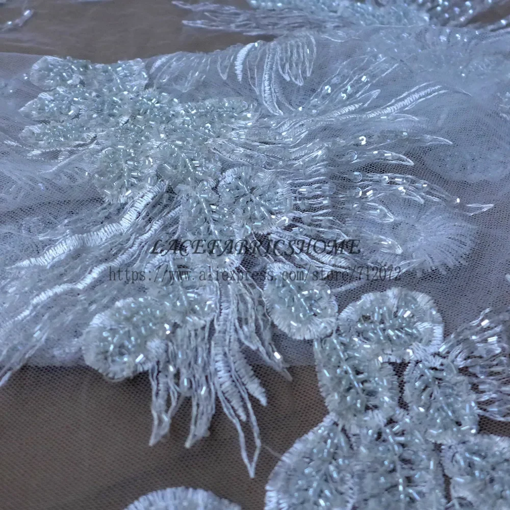 

Hot-selling fashionable white, green mixed gold handmade beaded sequin lace fabric wedding dress
