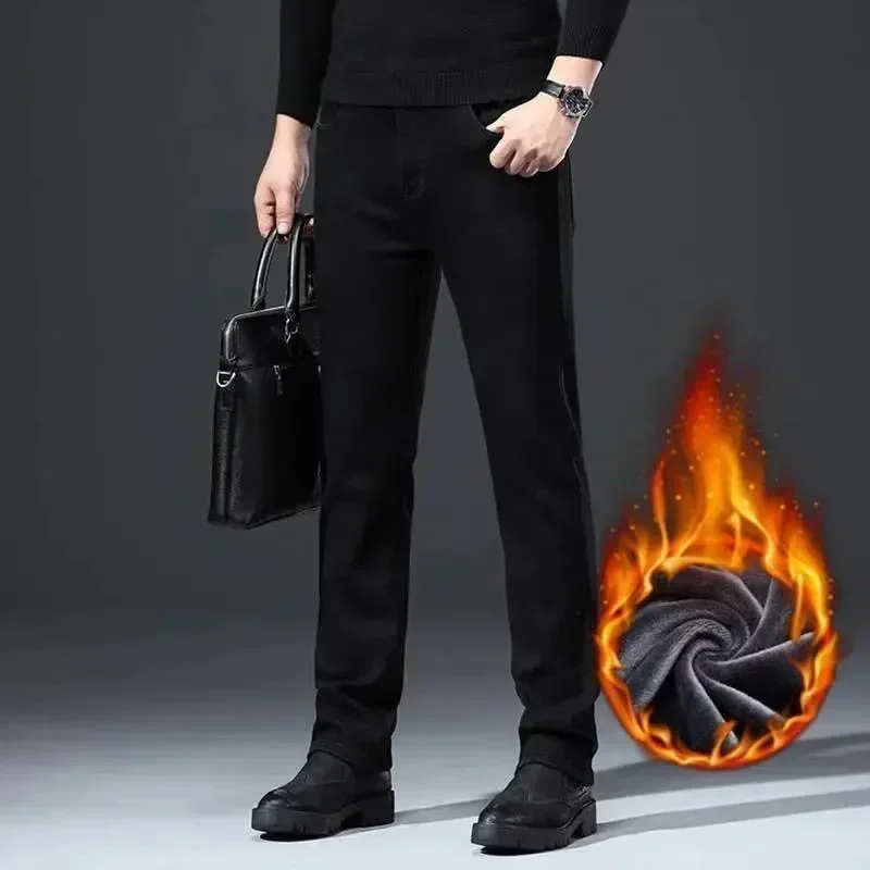 2024 Autumn and Winter New Classic Fashion Solid Color Plus Fleece Jeans Men's Casual Loose Comfortable Warm Large Size Pants