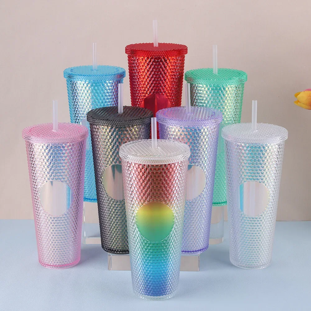 750ml Straw Cup with Lid Studded Finish Double Wall Coffee Mugs Plastic Studded Durian Tumblers Cold Bling Cup Customized