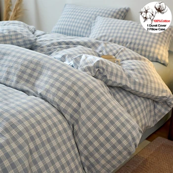 100% Cotton Plaid Duvet Cover Set 3 Pcs