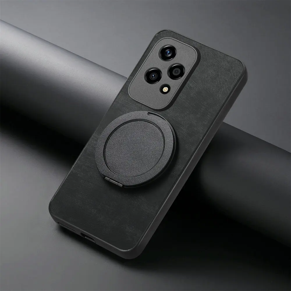 Leather Back Panel Phone Case with Magnetic Ring Holder, Enhanced Protection