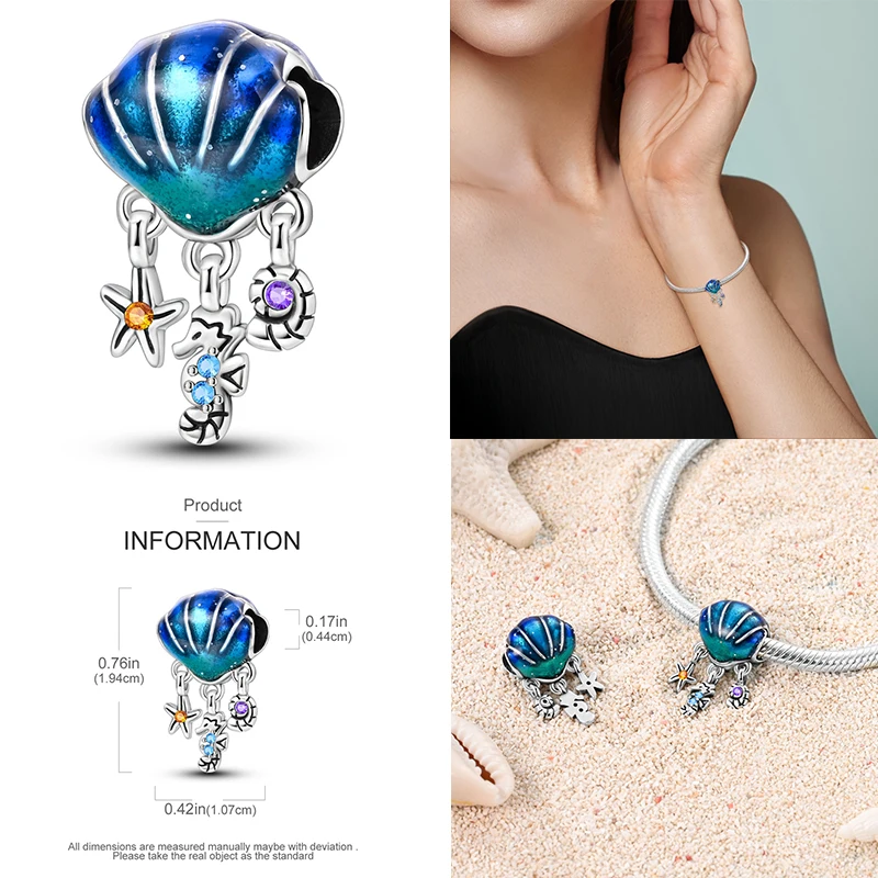 925 Sterling Silver Moon Mermaid Turtle Coral Shell Hummingbird Charms Beads Fit Brand Bracelets DIY Jewelry